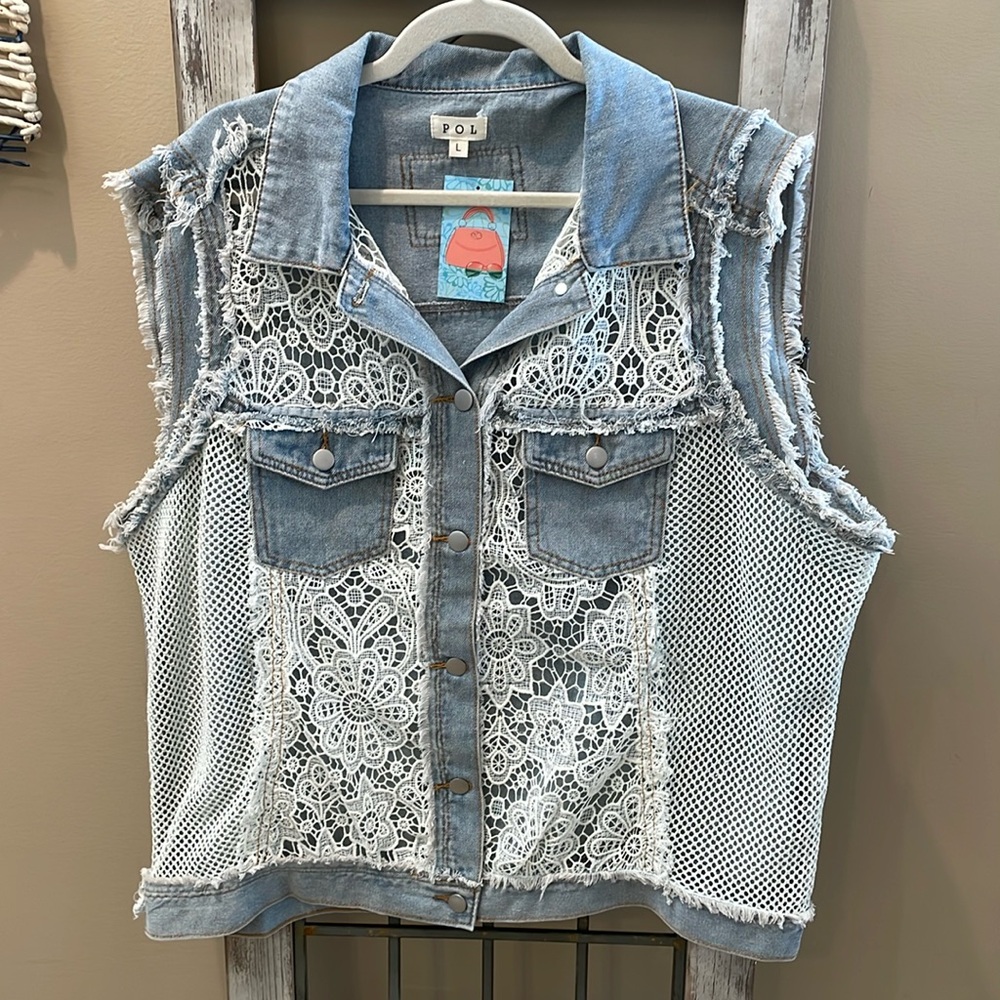 POL Blue and White Lace Denim Vest